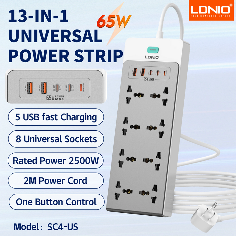 រន្ធដោតភ្លើងបន្ថែម LDNIO 13-in-1 2500W ស្ថានីយសាកថ្ម 65W បន្ទះសាកថ្ម USB រន្ធដោត AC ចំនួន 8 រន្ធដោត USB C ចំនួន 5 ខ្សែបន្ថែម USB-A ថ្មី