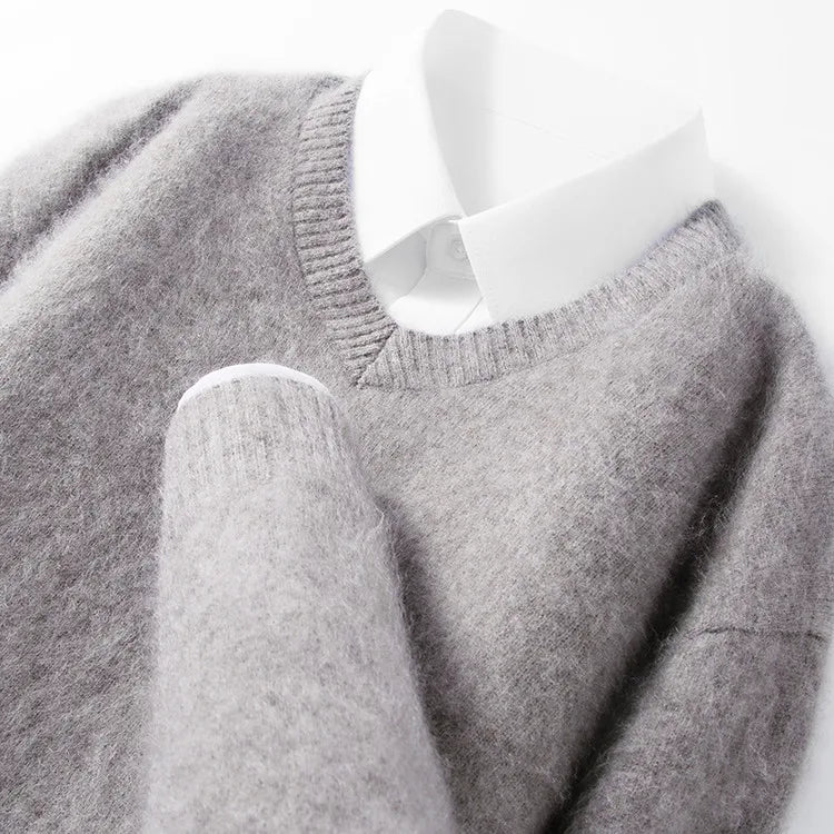4% Cashmere 96% Wool V-Neck Sweater |  300g Brushed Wool Sweater, Old Money Style Comfortable and Warm Pullover