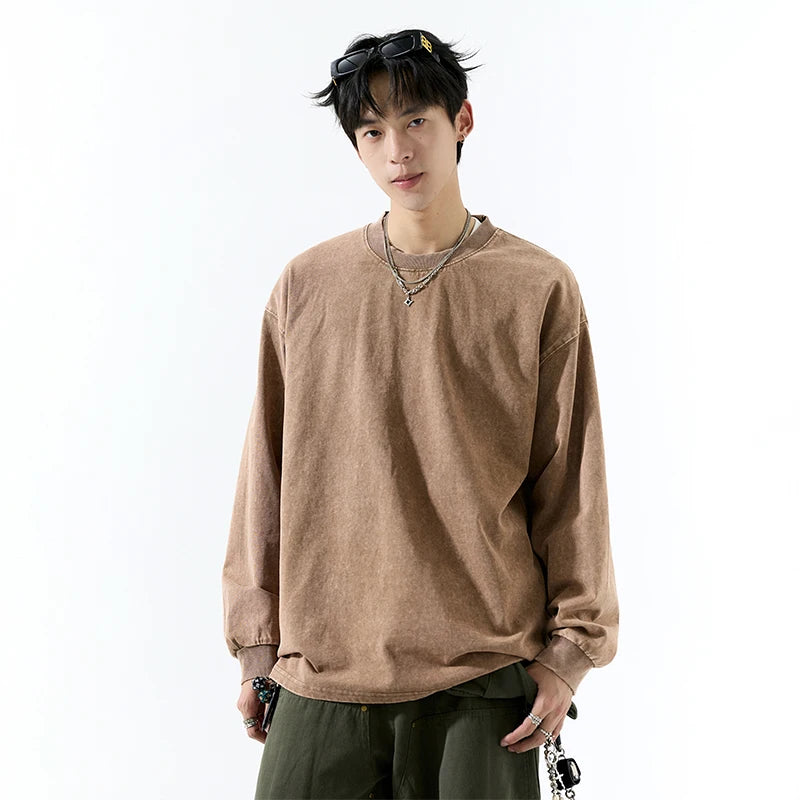DUKEEN 100% Cotton Vintage Wash T-Shirt for Men Spring and Autumn Effortlessly Cool Retro Streetwear Long Sleeve Tops 320Gsm