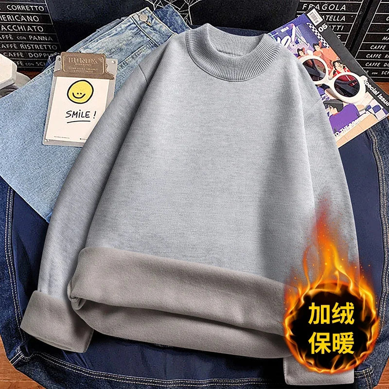Male Everyday Wear Knitted Pullover Mock Collar Thick Fleece Lining Long Sleeve Warm Sweater For Chilly Weather