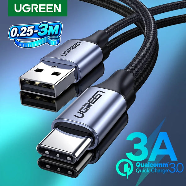 ខ្សែសាក UGREEN 3A USB C Type C សម្រាប់ iPhone 18/17/16/15 Xiaomi Poco Samsung 18W ខ្សែសាកទិន្នន័យ USB2.0 Carplay QC3.0 0.25-3M