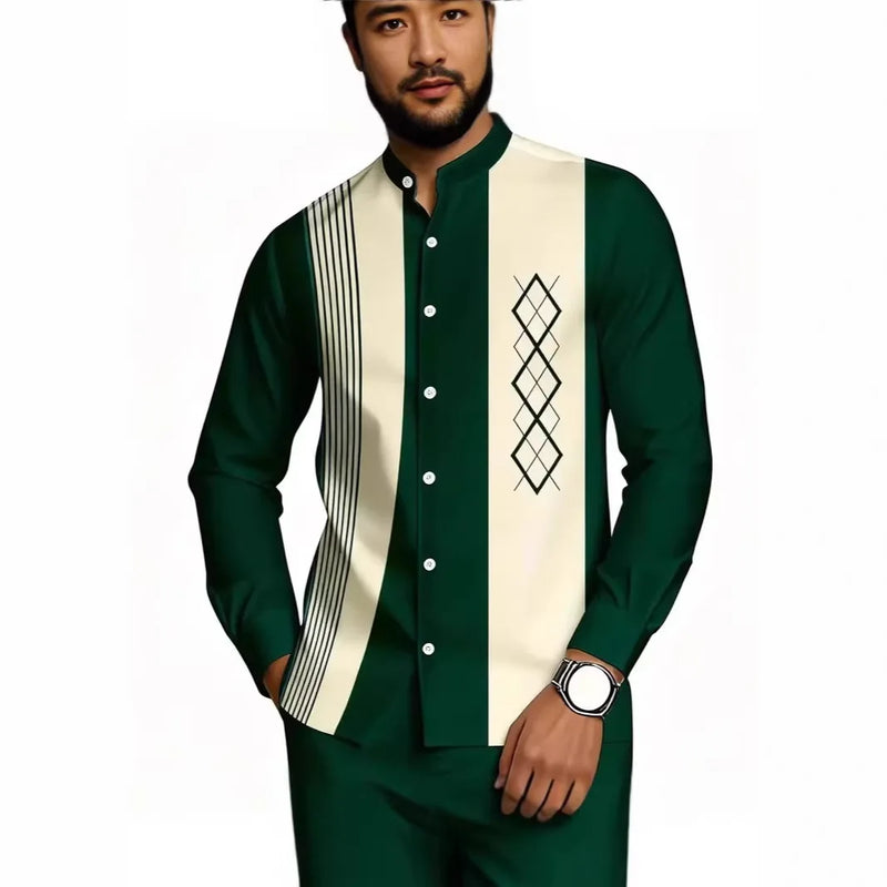 Men's Two-piece Set for Spring/Fall: An Ethnic-style Long-sleeve Shirt Paired with Pants, Red, Blue, Green, Gray, Black, Purple.