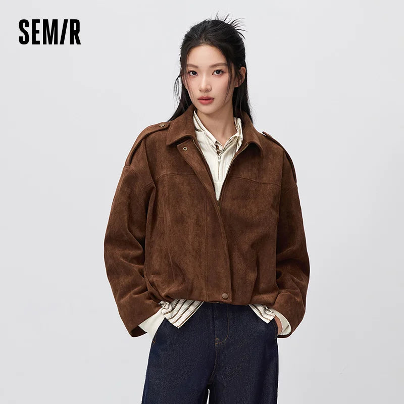 Semir Women Jacket Suede Like Short Lapel Oversize Cocoon Shape 2026 Autumn Warm Brown High Street Casual Outerwear