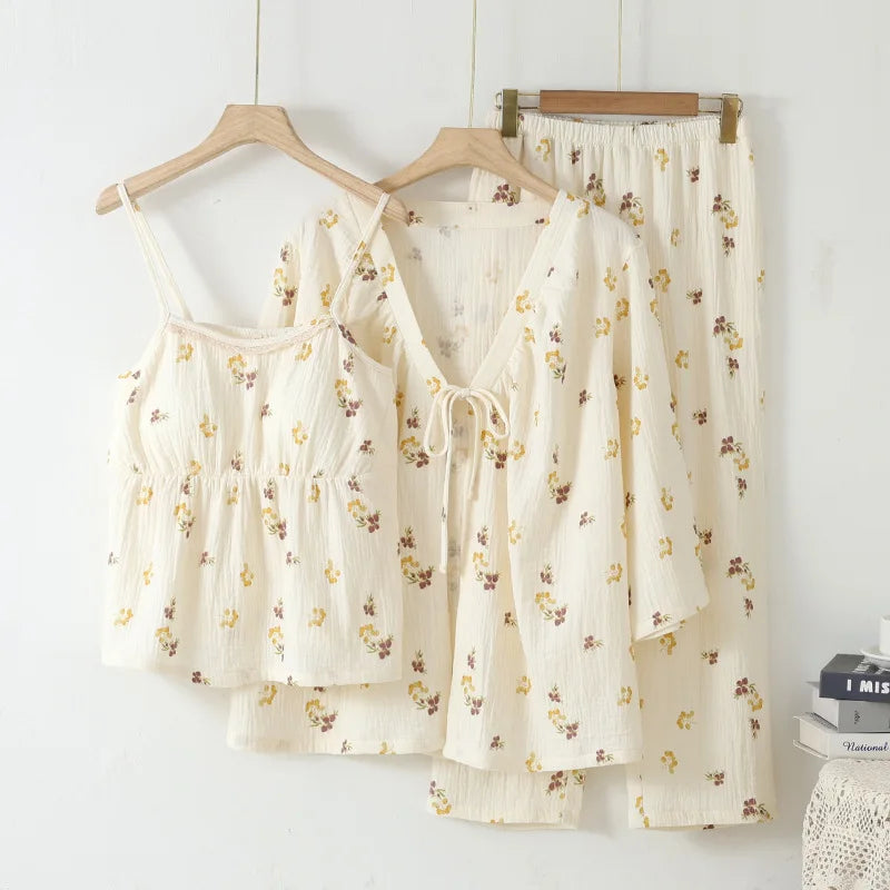 ឈុតផ្កាបីដុំ Pijama Mujer ថ្មីកប្បាសនិទាឃរដូវរដូវស្លឹកឈើជ្រុះ Pajamas ឈុត 3/4 ដៃអាវគេងសម្រាប់ស្ត្រី ឈុតគេងនៅផ្ទះ Pajama Femme