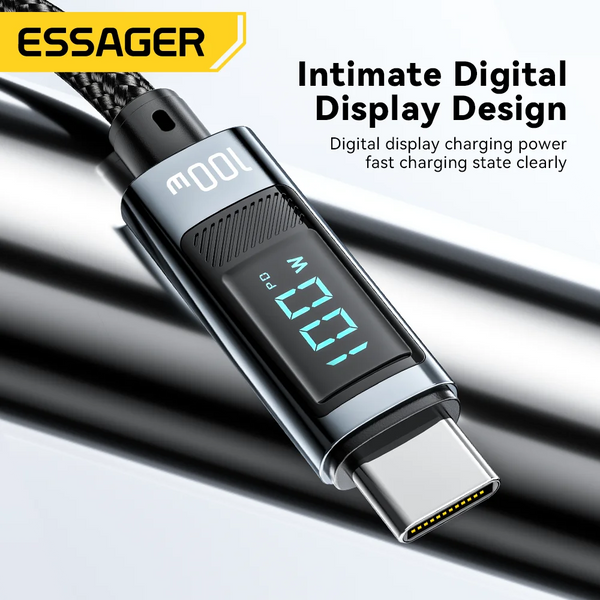ខ្សែសាក Essager 100W USB Type C 90° LED Digital Display Cable 5A PD Fast Charging សម្រាប់ iPhone 16 15 Huawei Xiaomi Samsung MacBook
