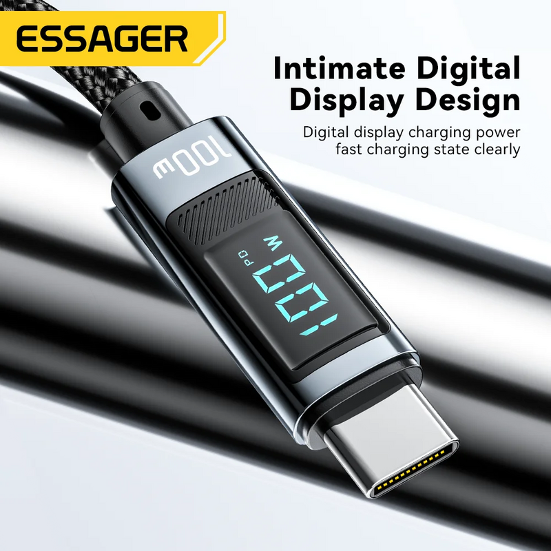 ខ្សែសាក Essager 100W USB Type C 90° LED Digital Display Cable 5A PD Fast Charging សម្រាប់ iPhone 16 15 Huawei Xiaomi Samsung MacBook
