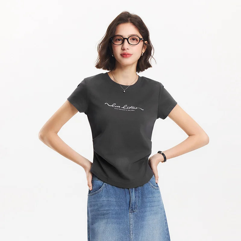 Semir Womens Tshirt 2026 Short Style Slim Printed Regular Shoulder Ruched Waist Slim Fit Casual Soft Daily Wear