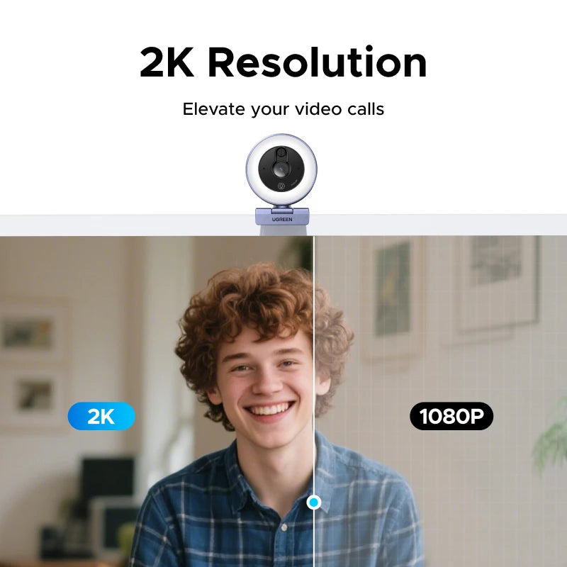 UGREEN USB Camera Webcam For PC with Fill Light 2K30 Fixed Focus, 1.5m Cable