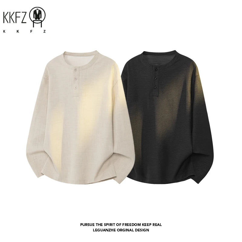 Autumn Leisure Long Sleeve Tee Men Henley Neck Three Button Front Loose Fit Textured Daily Basic Shirt