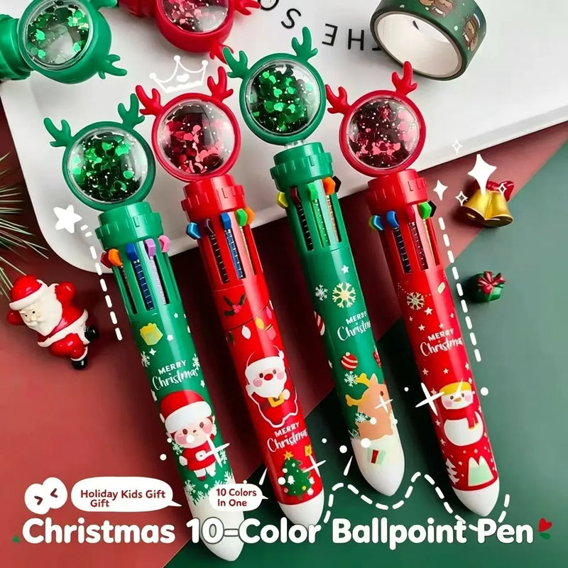 2026 Christmas Press-on Coloured Pens Ballpoint Pens Student Santa Press-on Ballpoint Pens Christmas Stationery 10 Colours 0.5mm