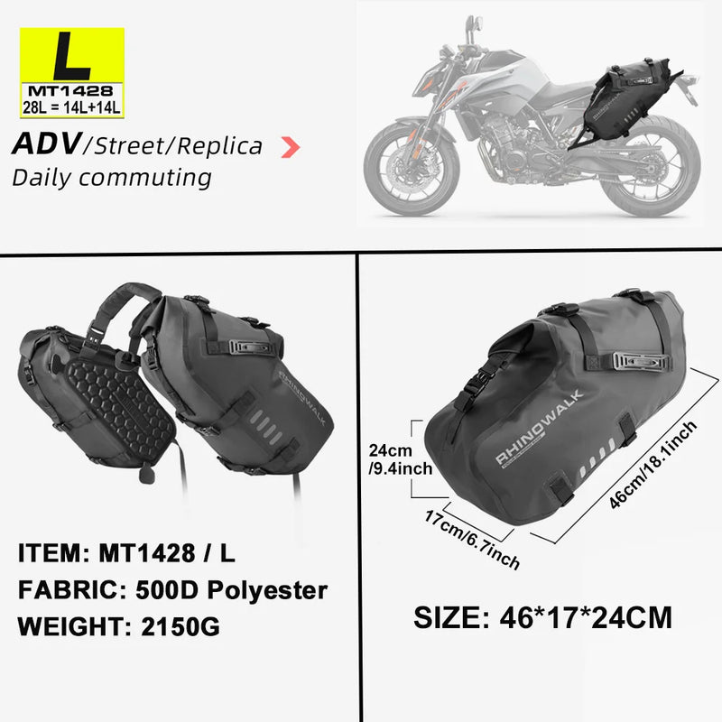 កាបូបចំហៀងម៉ូតូ Rhinowalk មិនត្រូវការរ៉ាកែត 2 ដុំ ធន់នឹងទឹក ស្ងួត ដំឡើងរហ័ស កាបូបចំហៀងពីរ សម្រាប់ដាក់ម៉ូតូ 18L/28L/48L