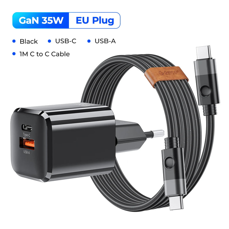 ORICO-GaN USB C Charger, EU Plug, PD Fast Charging, Dual Port, iPhone 13, 12, Max Pro, iPad, Xiaomi, Samsung, 35W