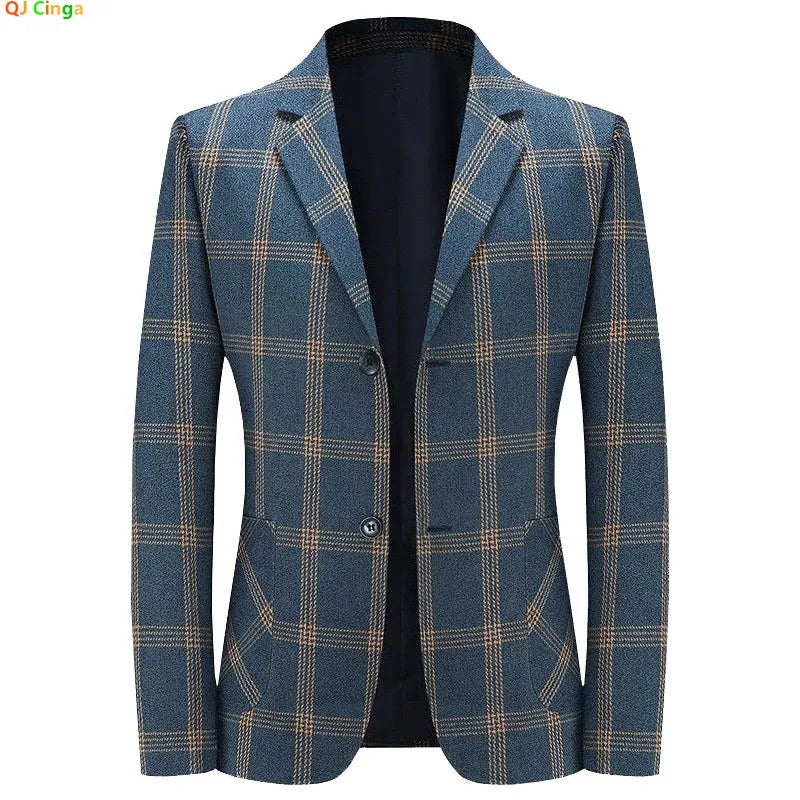 2026 New Men's Plaid Blazer – Classic Blue Checkered Suit Jacket, Slim Fit Business Casual Coat for Office, Wedding, Size M-4XL