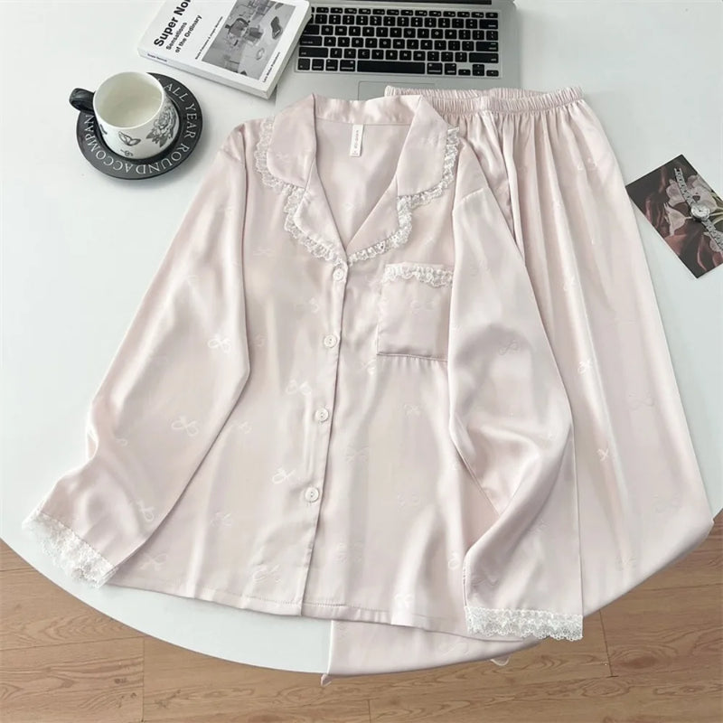 Chest Pad Pyjamas Women Pajamas Sleepwear 2 Piece Sets Spring Autumn Lapel Long Sleeve Ladies Loungewear Suit Print Homewear