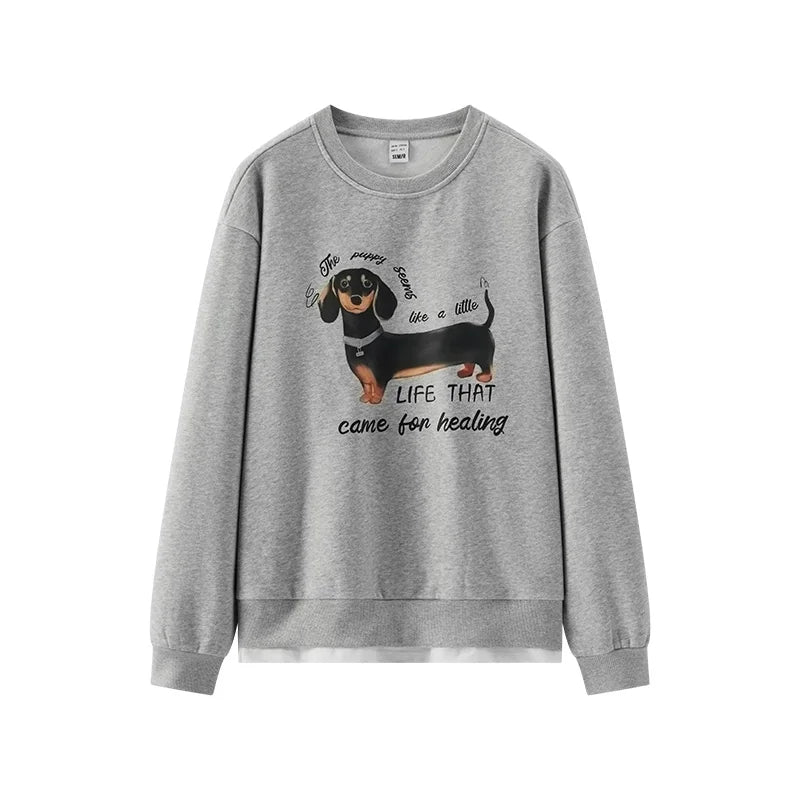 Semir Women Sweatshirt Fleece Lined Layered Look Dog Graphic Mid Length Urban Casual Style 2026 Winter Warm Layer Everyday Wear
