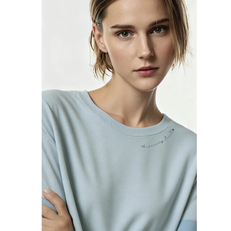 Amii Women's T-Shirt 2026 Summer New O-Neck Letter Embroidered Color Block Tee Loose Versatile Casual Women T Shirts 12642022