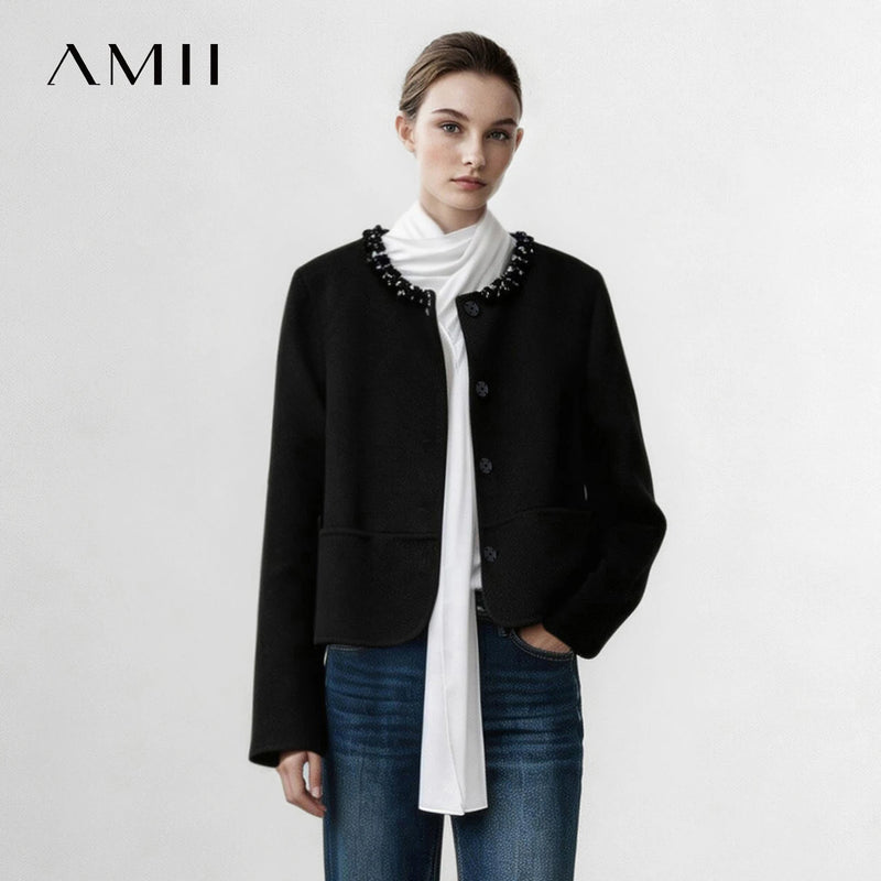 Amii Women's Tweed Coat Double-Faced Wool Crew Neck Relaxed Fit Commuter Minimalist Winter 2026 Coats for Women 12624041