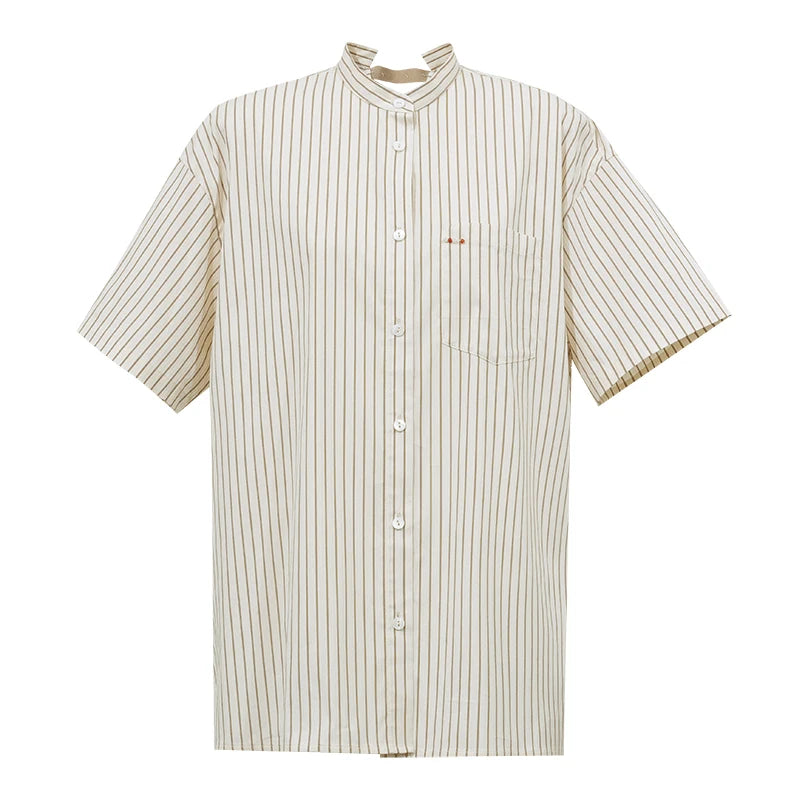 Amii Striped Women's Shirt 2026 Summer New Stand Collar Contrast Ribbon Trim Cotton Blouse Loose Breathable Casual Top 12642011