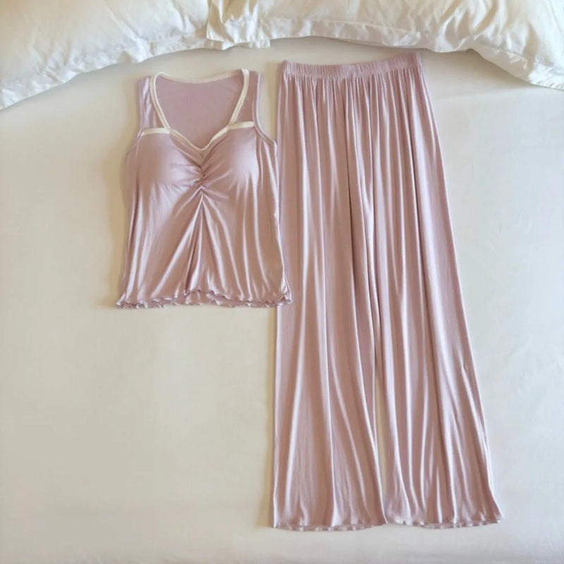 Sleeveless Nightwear Women Pajama Women's Home Clothes Chest Pad Homewear 2 Pieces Sleepwear for Summer Suit Long Pants Pijama
