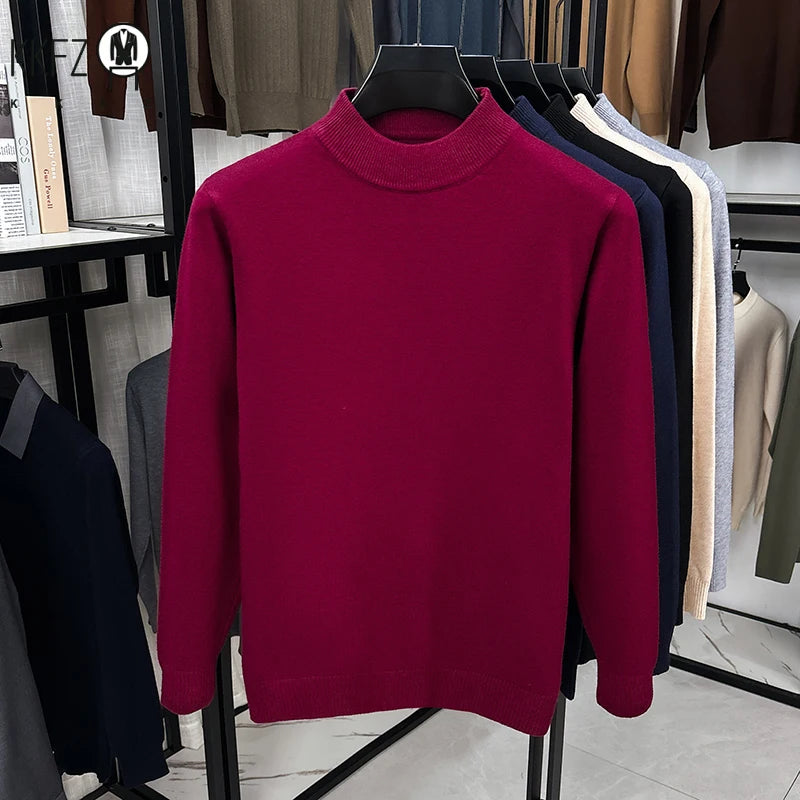 Male Classic Mid Neck Knit Jumper Long Sleeve Rib Trim Lightweight Fabric Travel Street Daily Outfit