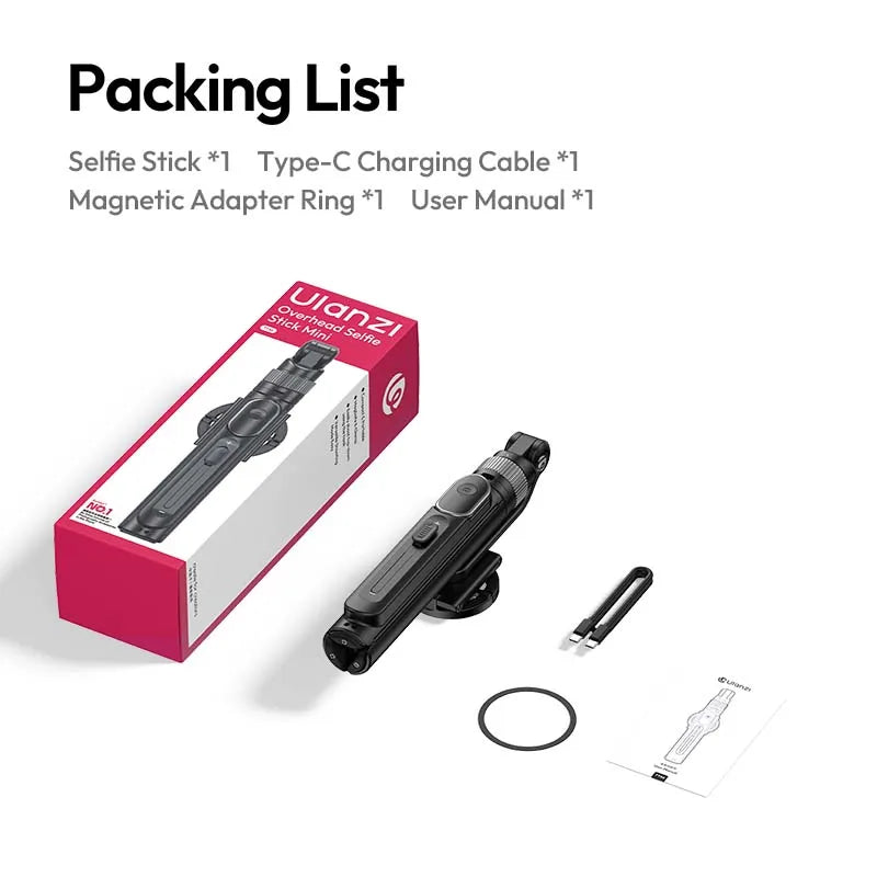 Ulanzi TT86 Mini Overhead Selfie Stick ជើងកាមេរ៉ាទូរសព្ទម៉ាញេទិក ជាមួយនឹង 2 in 1 Clamp Mount ការគ្រប់គ្រងឥតខ្សែ សម្រាប់ Vlog Iphone 17 Android