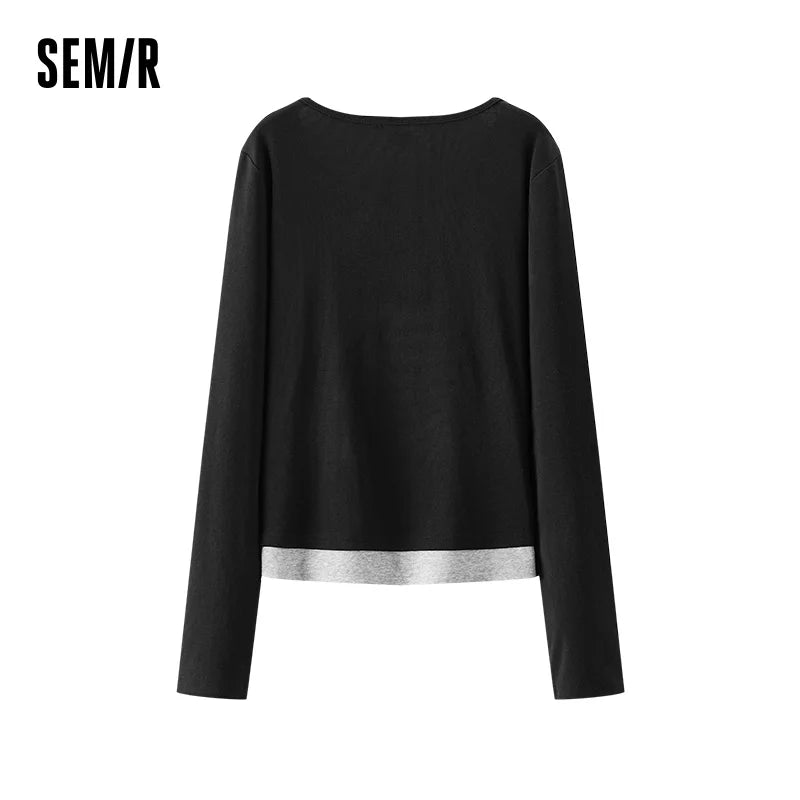 Semir Women Tshirt 2026 Spring New Short Slim Fit Fake Two Piece Design Sense Temperament Crew Neck Long Sleeve Tops