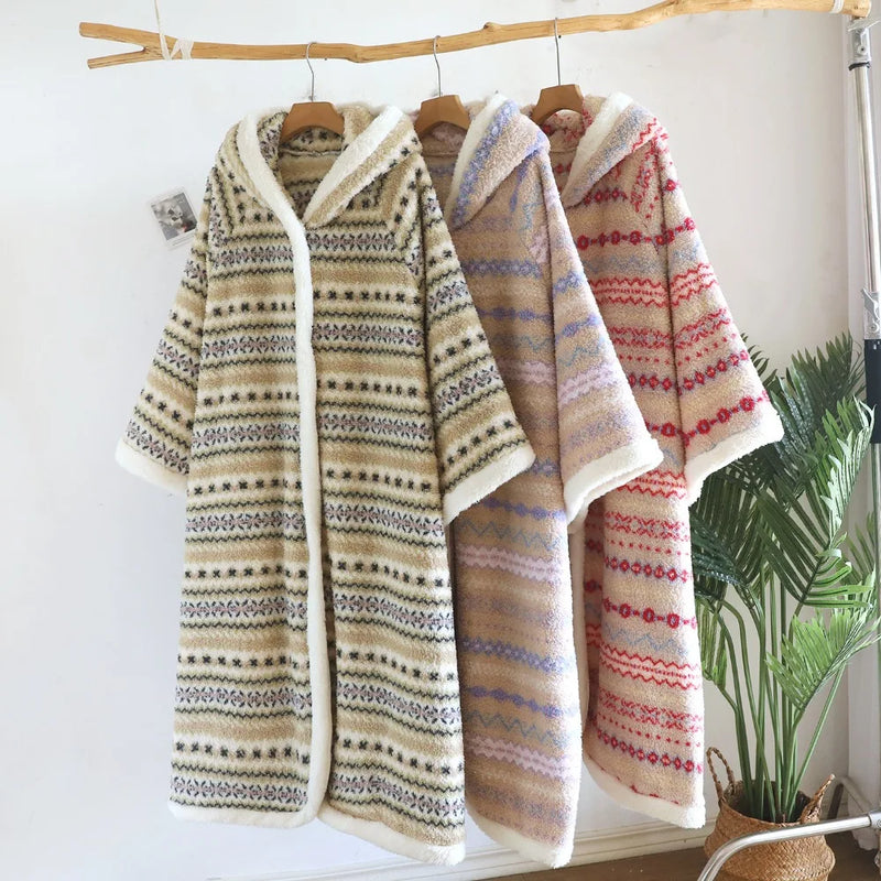 Retro Print Winter Hooded Homewear Thickened Warm Woman Clothing Long Sleeve Robe for Ladies' Bathrobe Sleepwear Dressing Gown