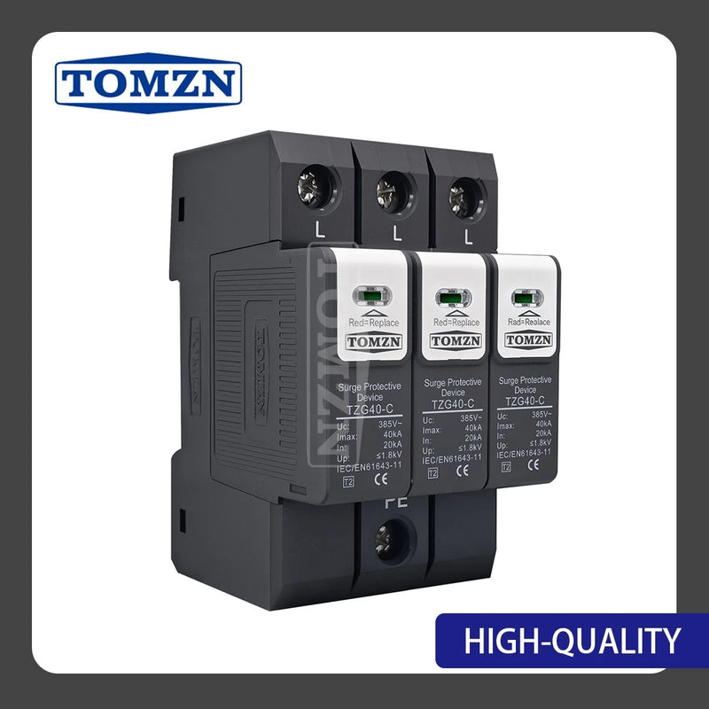TOMZN TZG40-B/C/D DIN Rail SPD, 1P-4P, PA66, 110/220V AC, 10-30kA, T2 Pluggable New Type – Office & PC Lightning Protection