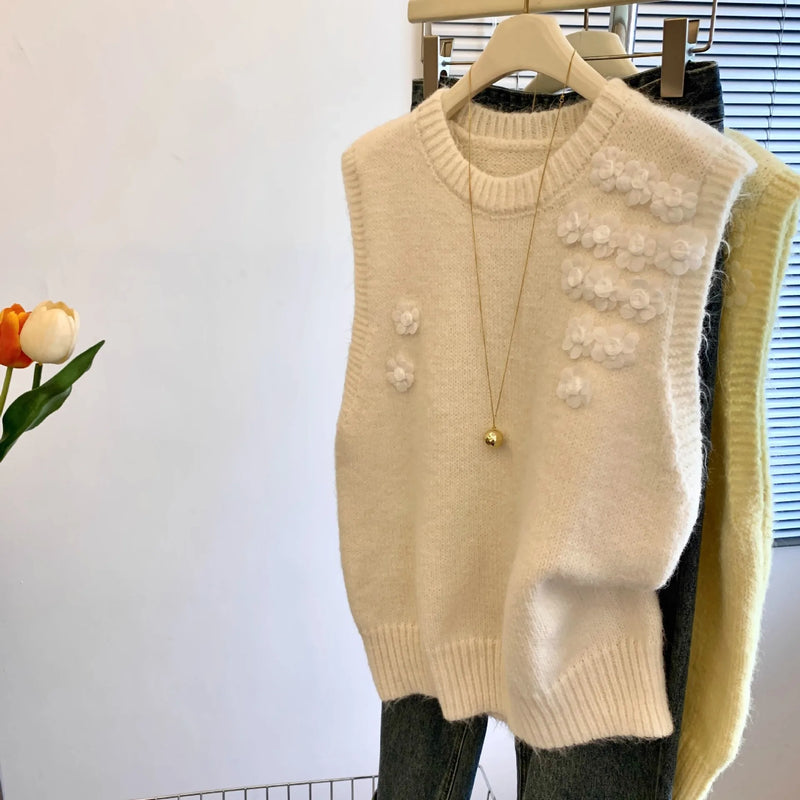 Three-dimensional Flower Knitted Vest Women's Autumn Winter Lazy Wind Soft Stacked Wearing Sweater Ladies Knit Sleeveless Top