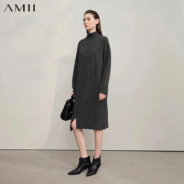 AMII Womens Dresses 2026 Winter New Turtleneck Long Sleeves Asymmetrical Dresses For Woman Knit Loose Ladies Clothing 12553015