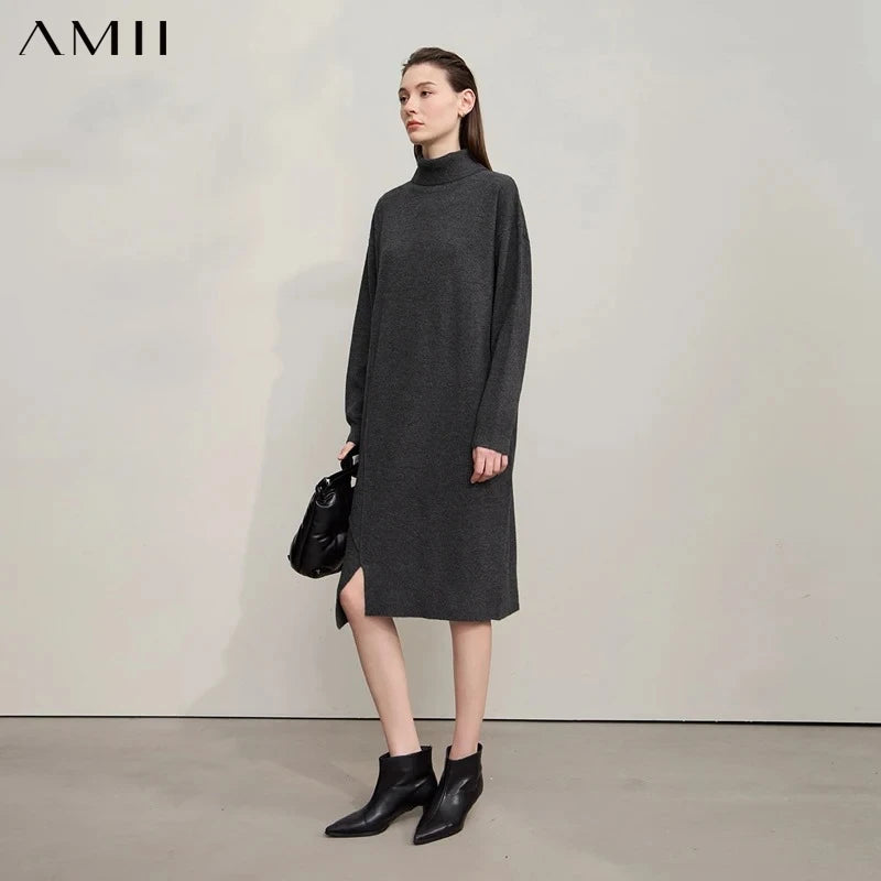 AMII Womens Dresses 2026 Winter New Turtleneck Long Sleeves Asymmetrical Dresses For Woman Knit Loose Ladies Clothing 12553015