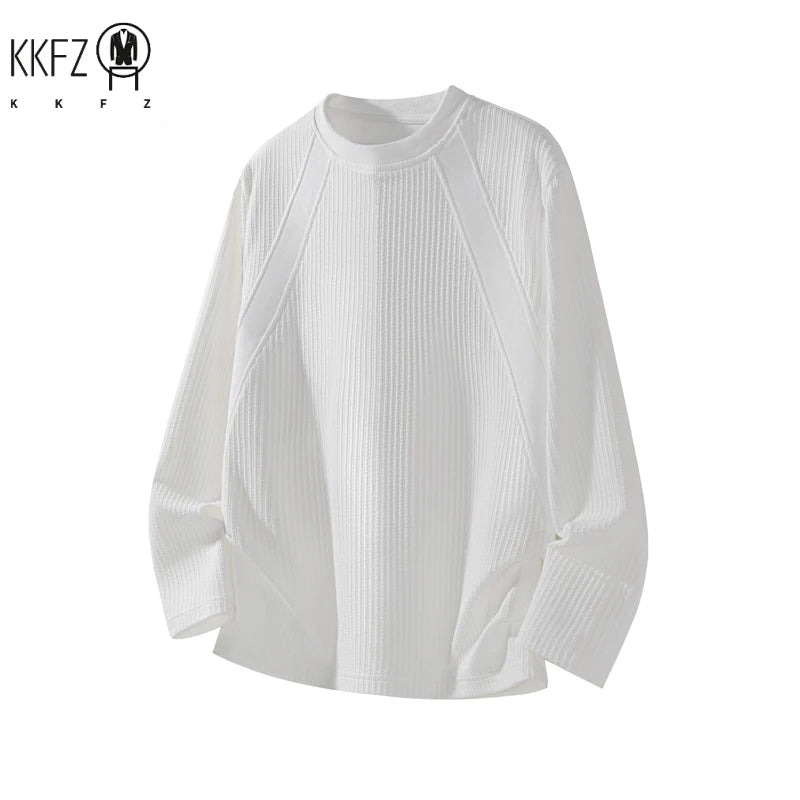 Mens Minimalist Crew Neck Sweater Long Sleeve Vertical Texture Knit Raglan Seam Soft Pullover For Daily Outfit