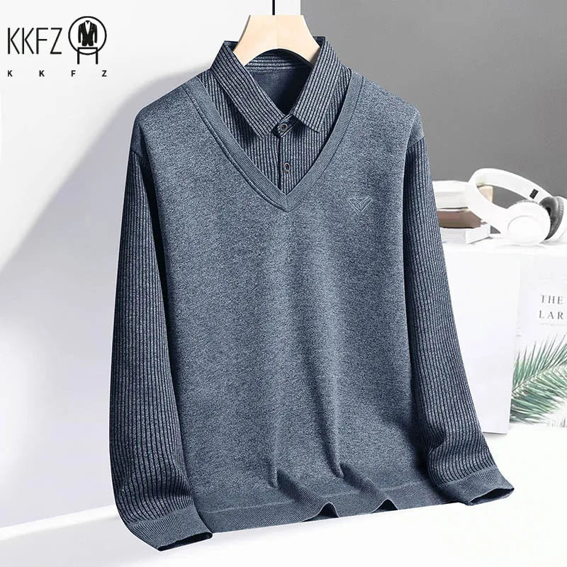 Daily Versatile Men Pullover Fake Two Piece Construction Vertical Stripe Sleeves Lapel Collar Subtle Embroidered Logo