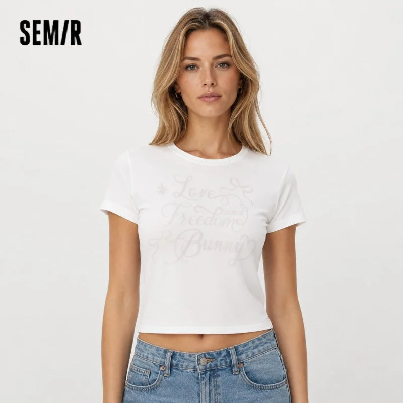 Semir Womens Tshirt 2026 Short Style Slim Printed Mesh Spliced Sweet Fashion Design Casual