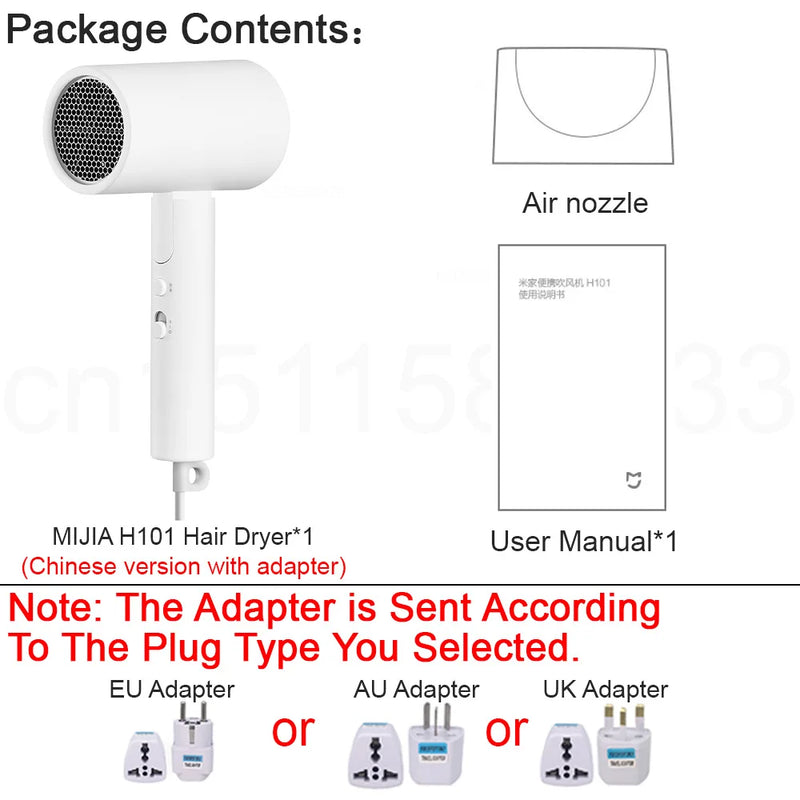 MIJIA H101 Portable Hair Dryer,Foldable,15m/s,50 Million Negative Ions Dryers,4 Modes,1600W,220V CN Version With Adapter