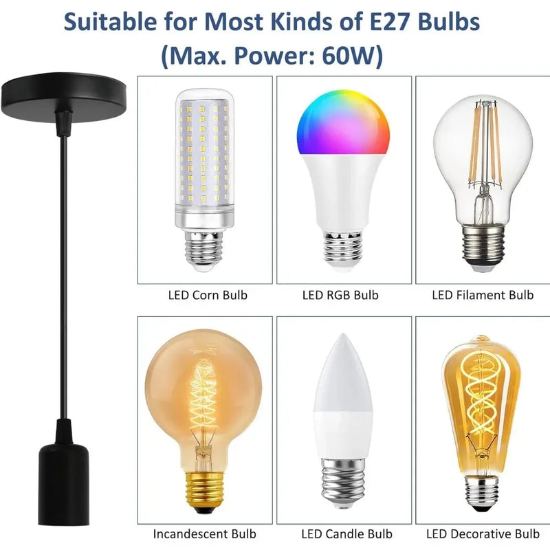 ចង្កៀងព្យួរ E27 50/150 សង់ទីម៉ែត្រ ខ្សែភ្ជាប់កម្ពស់អាចលៃតម្រូវបាន ជាមួយនឹងរន្ធដោត E27 សម្រាប់ចង្កៀងពិដានបន្ទប់ទទួលភ្ញៀវ