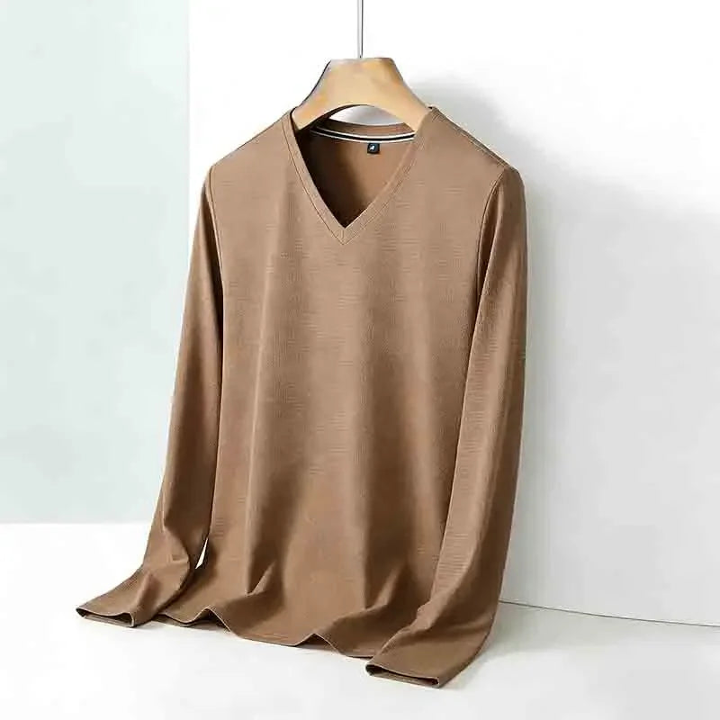 Men's Camel V-neck Long Sleeve Tee Slim Fit Soft Knit Pullover Spring & Autumn Shirt