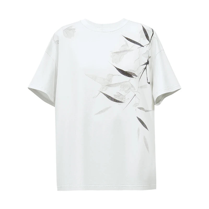 Amii Women's T-Shirt 2026 Summer New Chinese Print O-Neck Drop Shoulder Stretch Tops Cotton Loose Fit Short Sleeve Tee 12652009