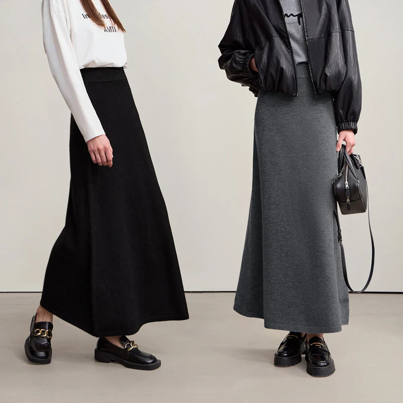 AMII Women's Sweater 2026 Winter New Minimalist Casual Loose Long Sleeve Sweater Solid Color Elegant Knitted Long Skirt 12524050