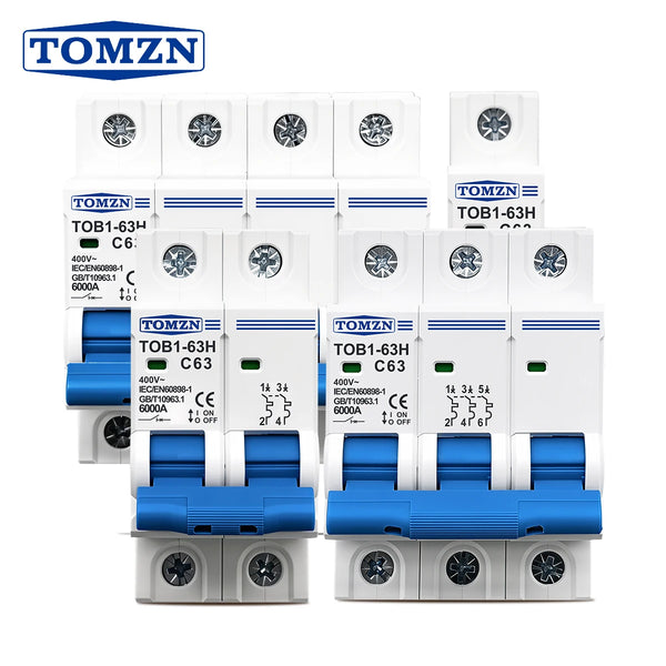 TOMZN AC MCB TOB1-63H C Curve 230/400V~ 50/60Hz Mini Circuit Breaker 1P 2P 3P 4P 3A 6A 10A 16A 20A 25A 32A 40A 50A 63A