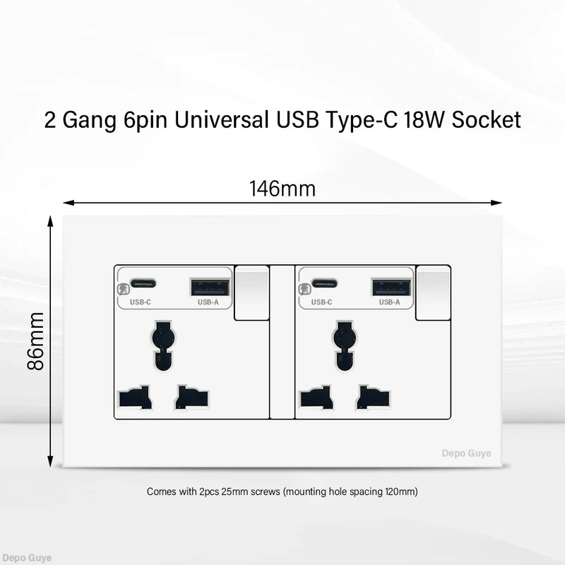 UK 13A Wall Socket with USB Type C 18W Quick Charge Power Outlet,Universal Electrical  Wall Light Switch Dual 3-pin Socket 220V