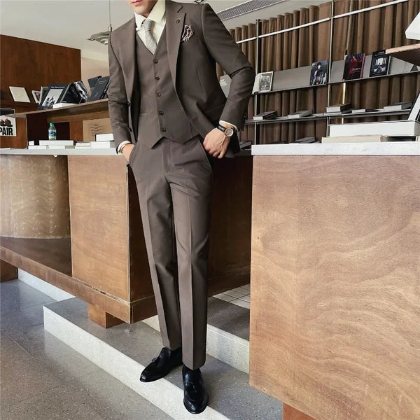 Men's Classic Solid Color Suit Set (Jacket, Vest & Pants) - Durable Anti-Crease Fabric Two-Button Blazer Wedding & Office Wear
