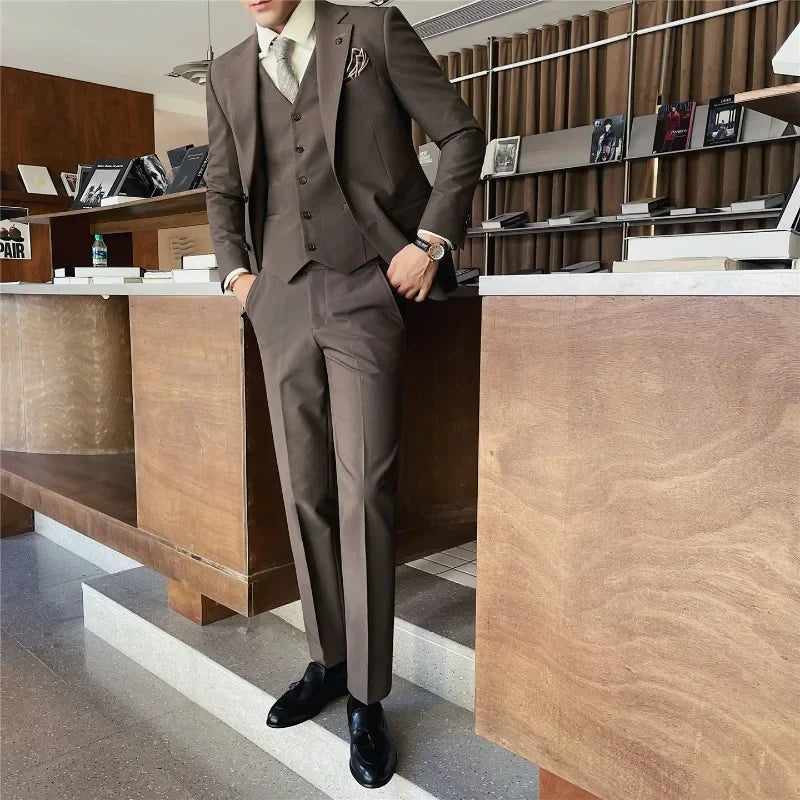 Men's Classic Solid Color Suit Set (Jacket, Vest & Pants) - Durable Anti-Crease Fabric Two-Button Blazer Wedding & Office Wear