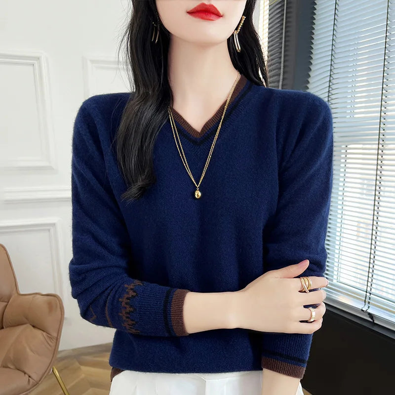 Fashion Hot Sweater Women Spring Autumn Outerwear Jumper Woolen Long Sleeve V Neck Tops Female Knitting Pullover Blouse