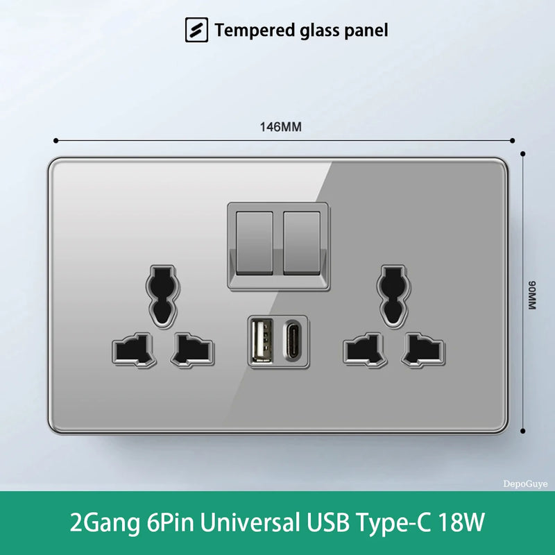 Deluxe Grey Tempered Glass Panel UK 13A Plug Electrical Socket, Double 5 Pin Socket and Switch, EU Universal USB C Wall Socket