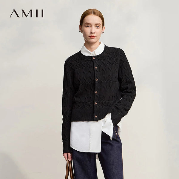 AMII Women 2026 Winter New Casual Cardigans Round Neck Straight Cardigan for Lady Vintage Elegant Short Knitted Top 12544197