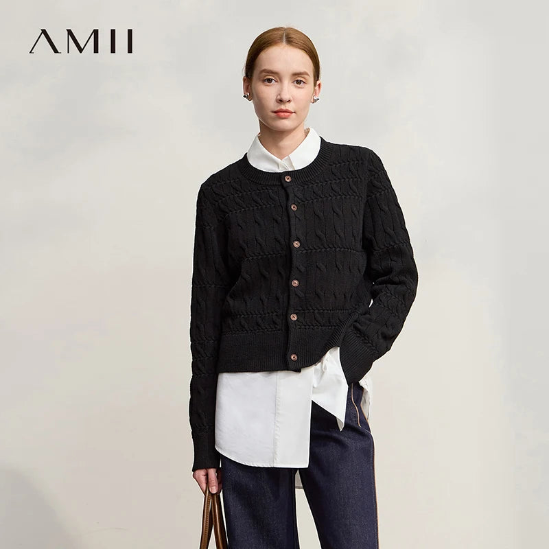 AMII Women 2026 Winter New Casual Cardigans Round Neck Straight Cardigan for Lady Vintage Elegant Short Knitted Top 12544197