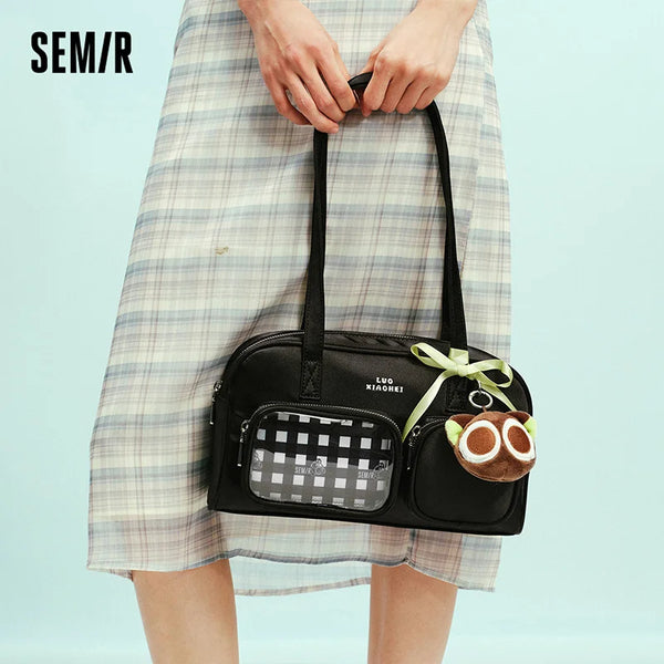 កាបូបស្ពាយស្ត្រី Semir លំនាំ Checker សមត្ថភាពធំ រចនាប័ទ្ម Tote កាបូបស្ពាយធម្មតាសម្រាប់ទីក្រុង កាបូបស្ពាយប្រចាំថ្ងៃ 2026