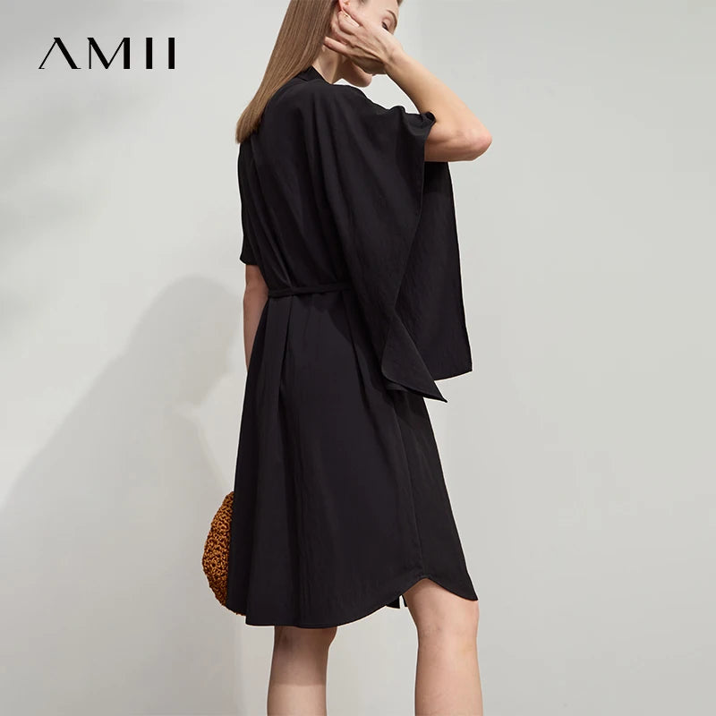 Amii Women's Dress 2026 Summer Turn-down Collar Pleated Asymmetric Batman with Belt Loose Diagonal Female Midi Dress 12512041