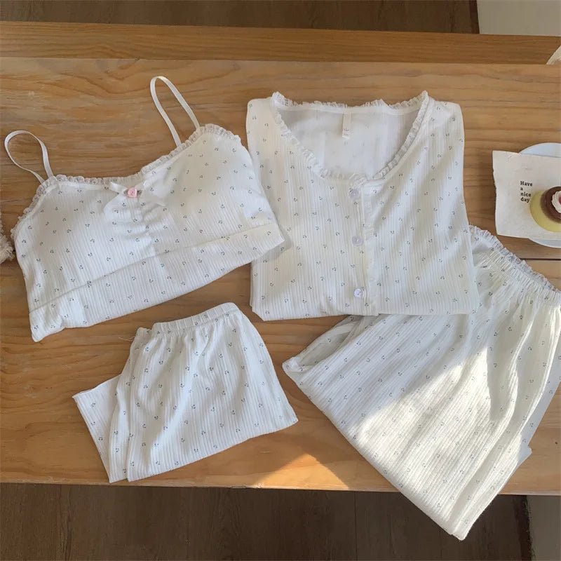Women’s Loungewear Night Wear for Ladies Nightie Female Clothing Chest Pads Four-piece Pajamas New Spring Autumn Pyjama Pijama